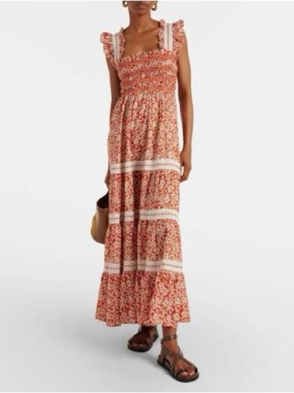 Rixo Aubrie floral smocked cotton midi dress size l / us 10